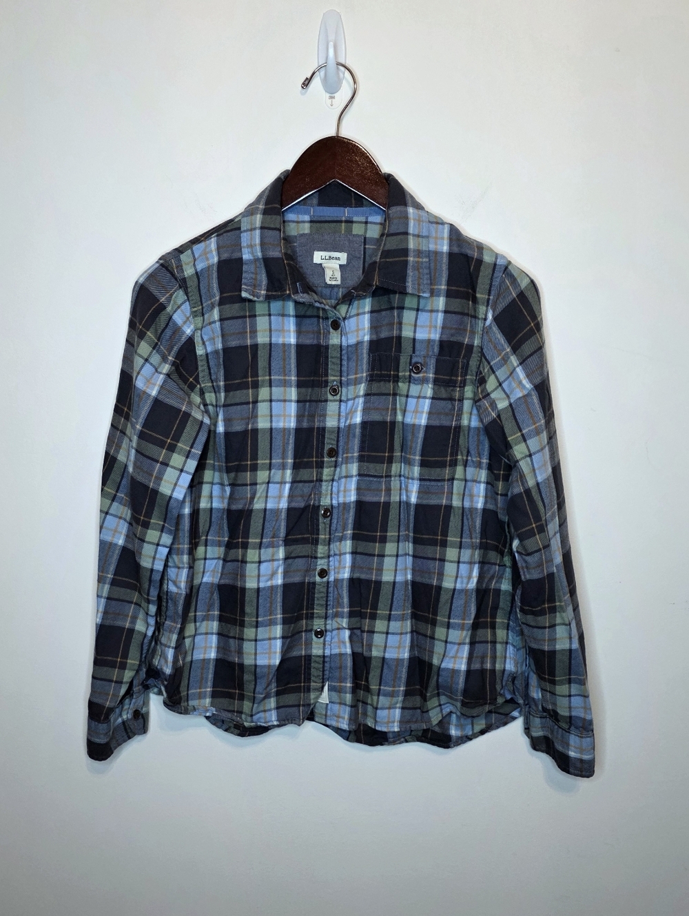 L.L. Bean Blue Green Plaid Rangeley Flannel Button Up Shirt Size Small Petite